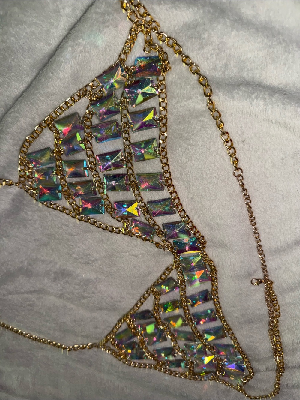 rave Gold Chain Holographic Crystal Triangle Bralette